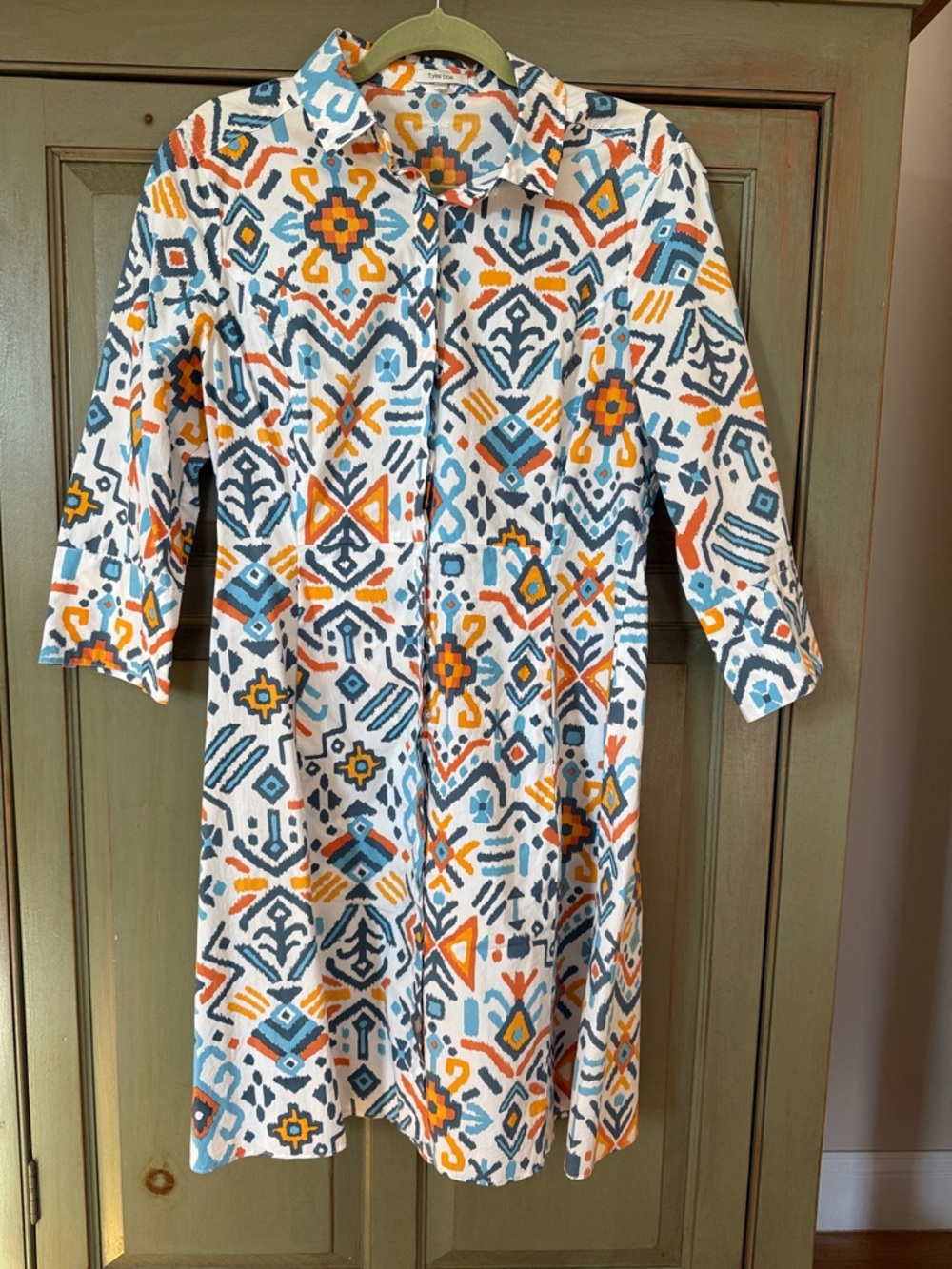 Tyler Boe White Dress with Blue, Orange, Yellow & Gray Geometric Print